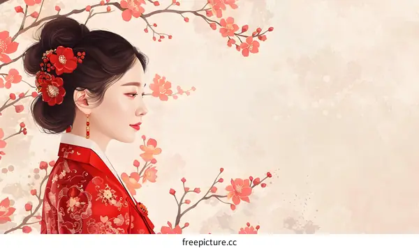 Elegant Asian Woman Wearing Traditional Hanbok with Cherry Blossoms