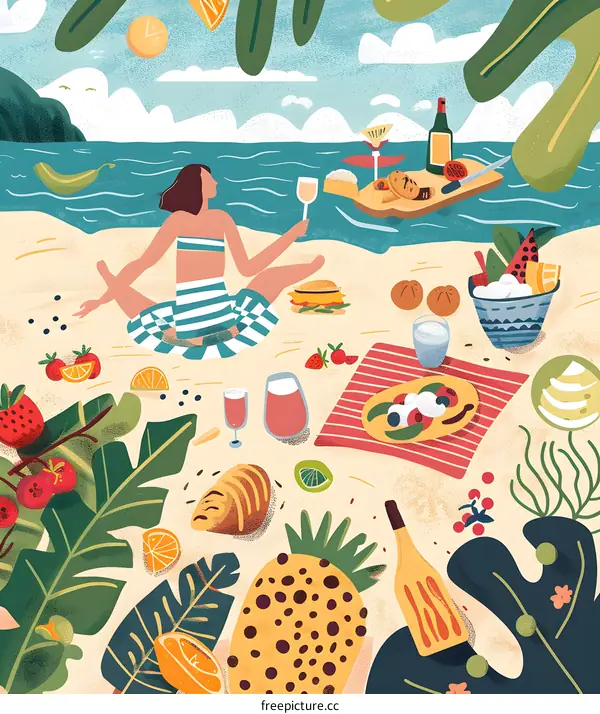 Summer Beach Picnic Illustration with Woman and Tropical Fruits