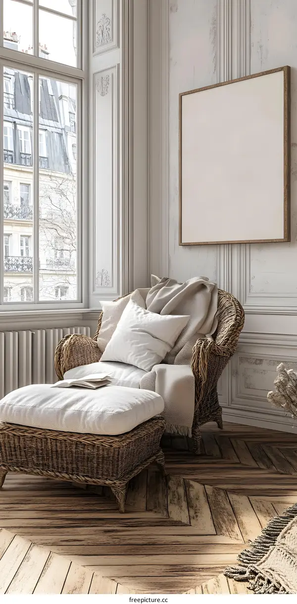 White Room with Wicker Chair and a Large Canvas