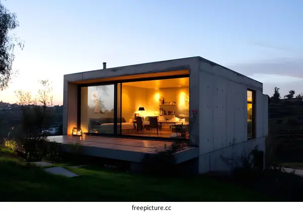 Modern Concrete House With Large Windows And Deck