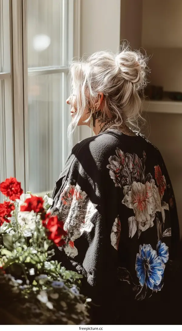 Woman by Window with Floral Jacket