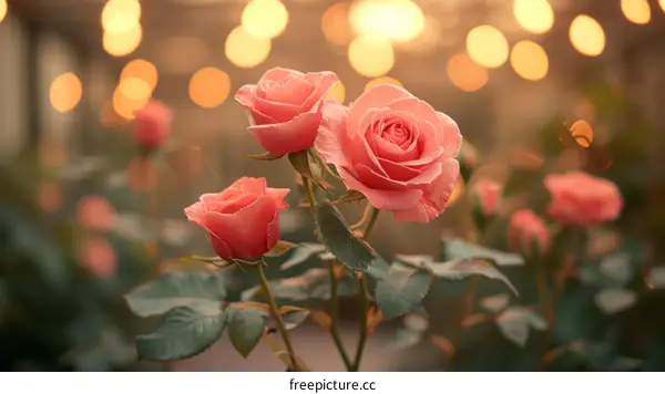 Three Pink Roses in a Garden