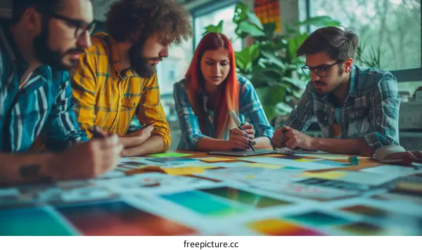 Four people in a meeting discussing ideas