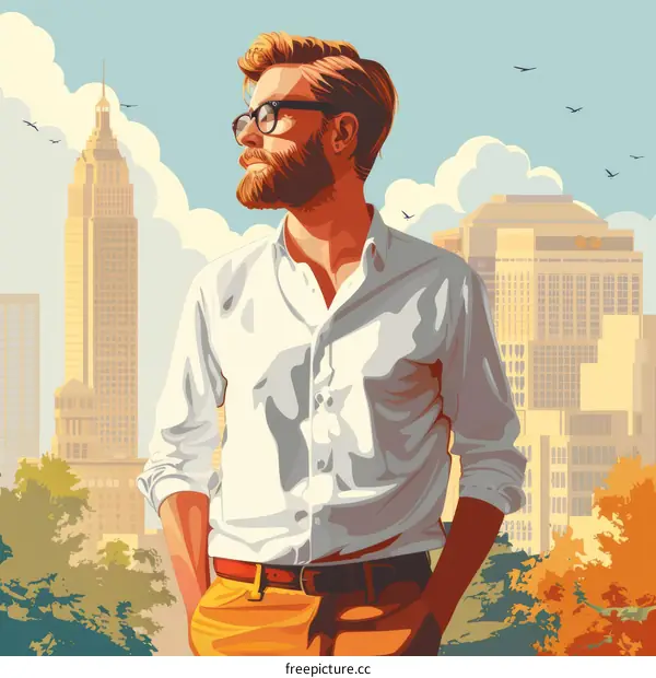Bearded man wearing glasses standing in front of a cityscape
