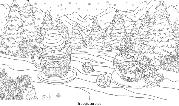 Winter Wonderland Coloring Page With Hot Chocolate and Ornaments