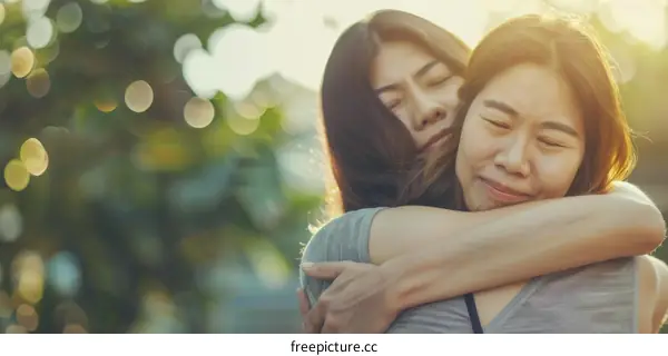 Two Asian women hugging outdoors