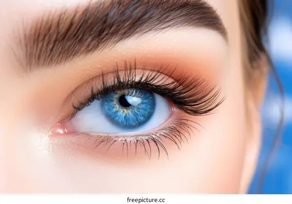 Close up of a woman's blue eye with long false eyelashes