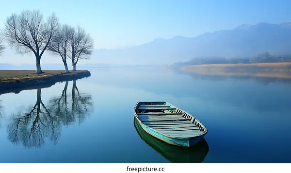 Peaceful Lake Scene with a Wooden Boat
