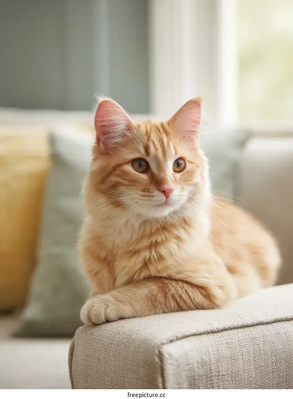 Cute Orange Kitten Relaxing on a Sofa