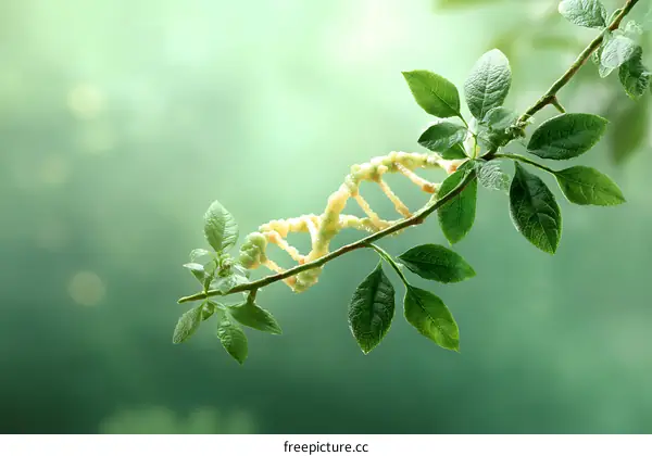 DNA Structure Illustration on a Branch with Fresh Leaves