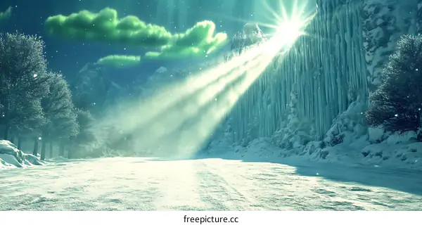 Snowy Landscape with Icicles and Sun Rays
