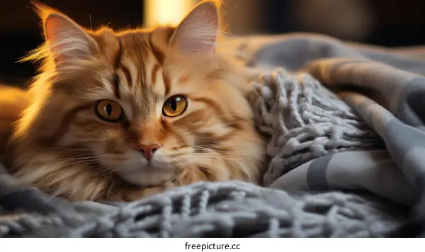 A ginger cat is lying on a gray blanket