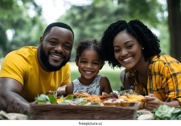 Happy Black Family Enjoying Picnic Together in Park