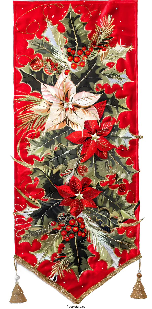 [Transparent Background PNG]Christmas Table Runner With Holly and Poinsettia Design