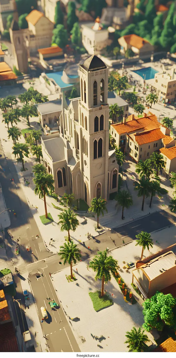 Aerial View of a Church in a City with Palm Trees