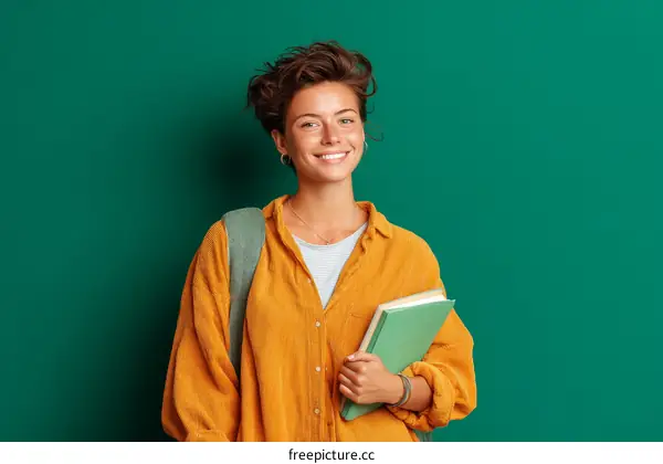 Smiling Student Holding Books Against Green Background