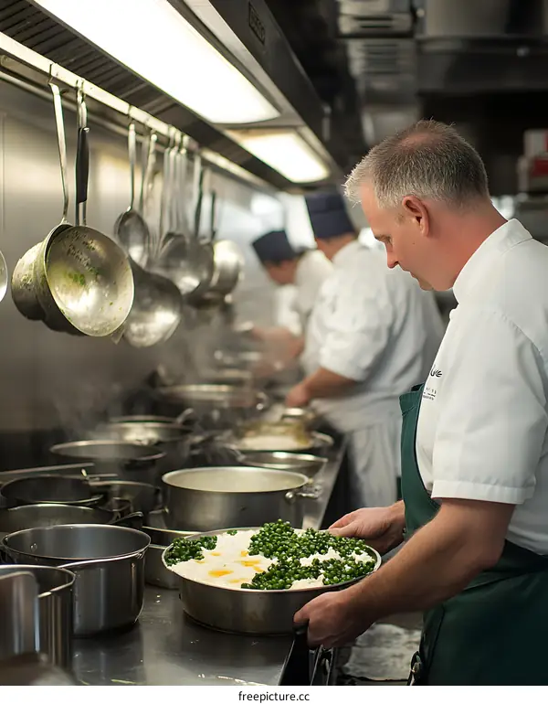 Professional Chef Preparing a Dish in a Busy Kitchen