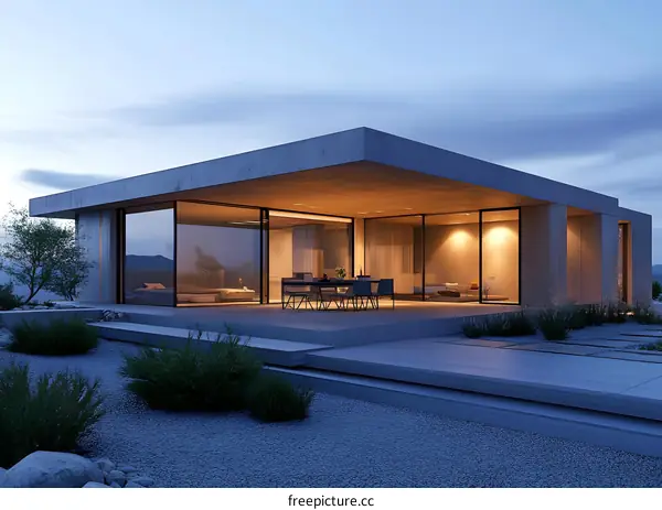 Modern Concrete House with Large Windows and Patio