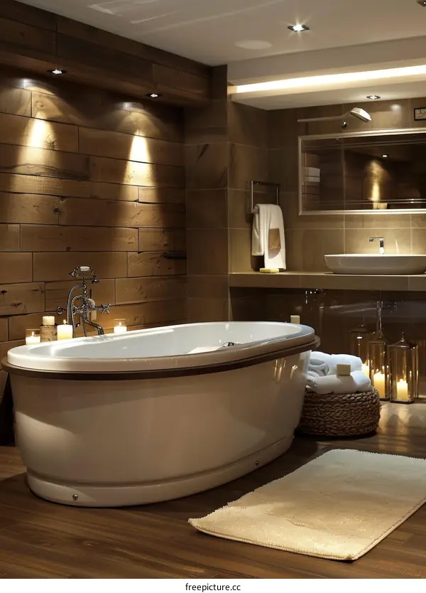 Luxury bathroom with wooden wall and freestanding bathtub