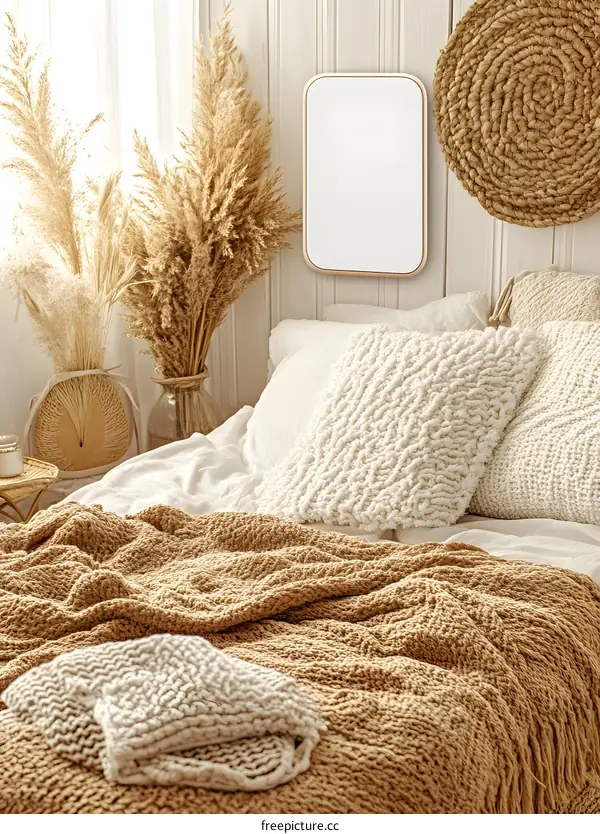 Cozy Bedroom Interior Design with Dried Pampas Grass and Knitted Throw Blanket