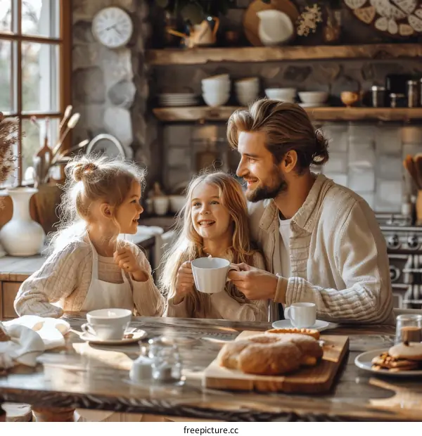 Father and two daughters sitting at the kitchen table talking