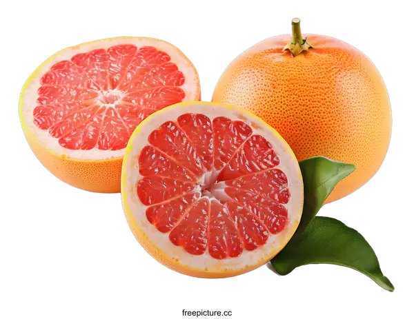 [Transparent Background PNG]Fresh Ripe Grapefruit Cut In Half With Green Leaves