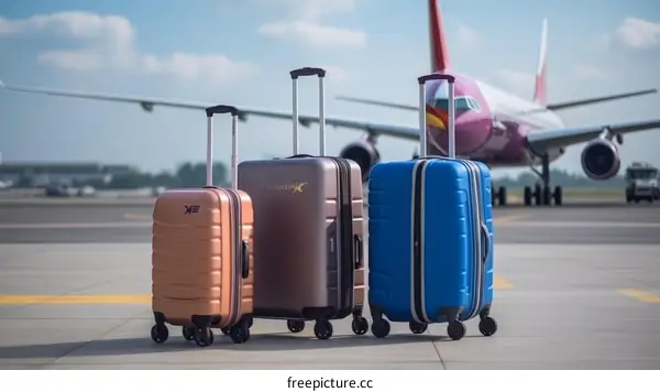 Three suitcases in front of a commercial airliner under a blue sky