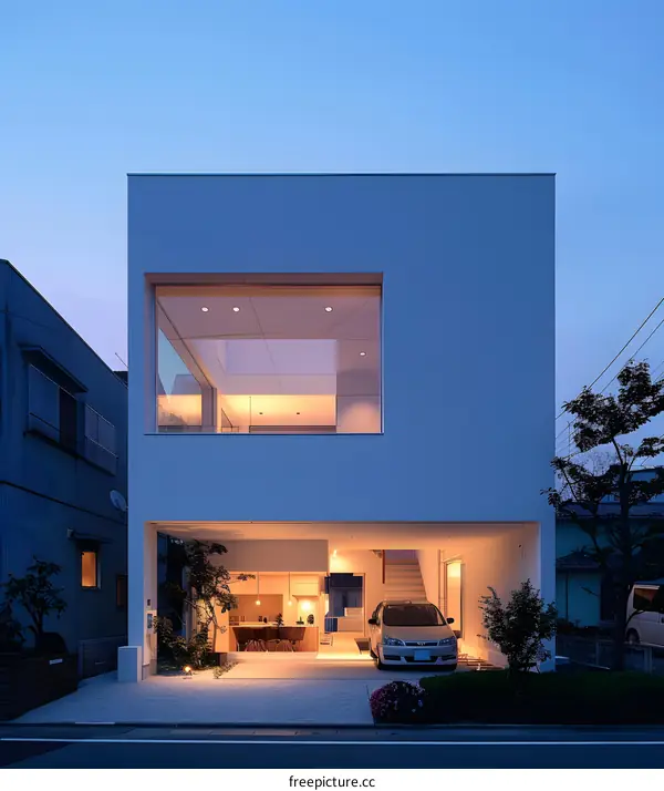 Modern White House with Large Window and Open Garage