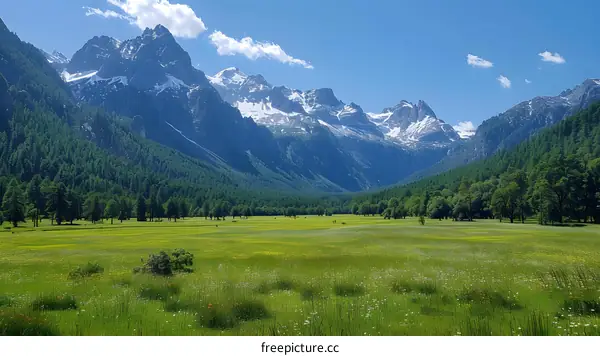 Beautiful mountain valley with green meadow and snow capped mountain peaks in the distance