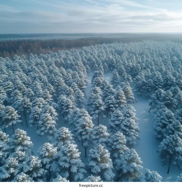 Aerial view of a snowy forest