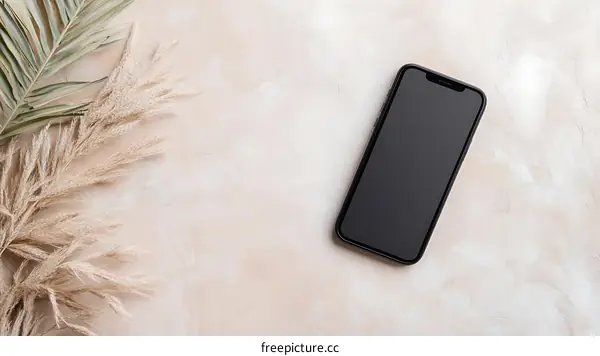 Minimalist Flatlay with Smartphone, Palm Leaves and Pampas Grass