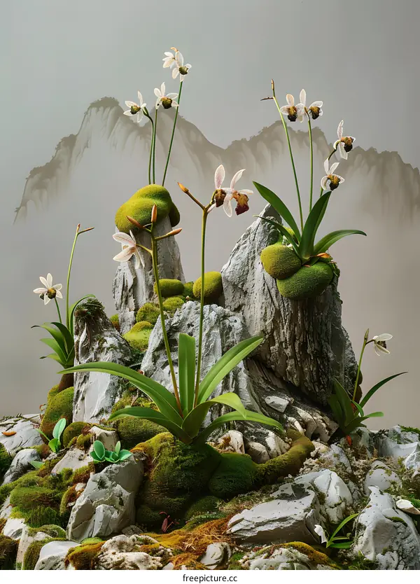 White Orchid Flowers on a Rocky Mountain