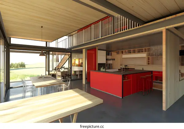 Modern Open Plan Kitchen with Red Island and Wood Accents
