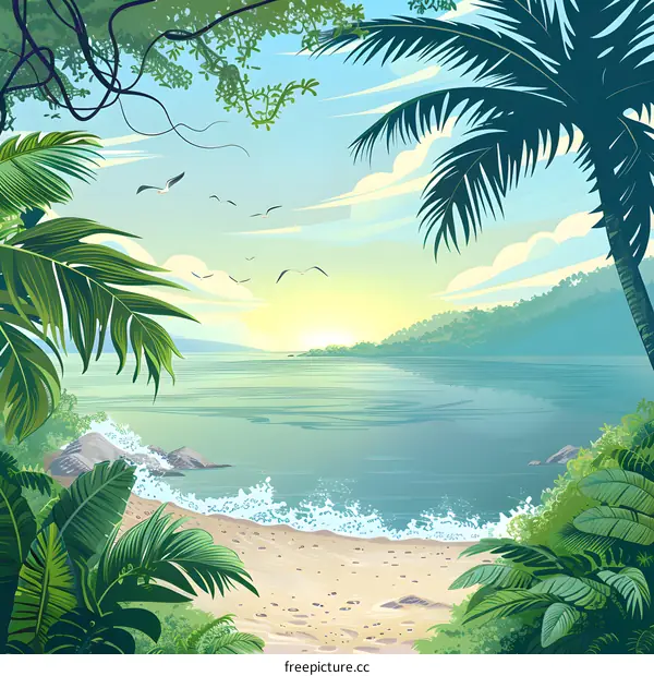 Tropical Beach Landscape Illustration With Palm Trees And Birds