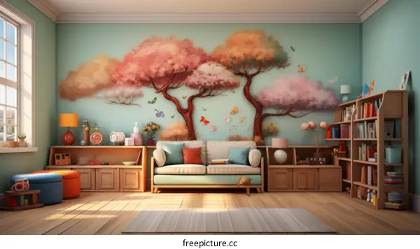 Beautiful Living Room with Nature-Themed Mural Wall