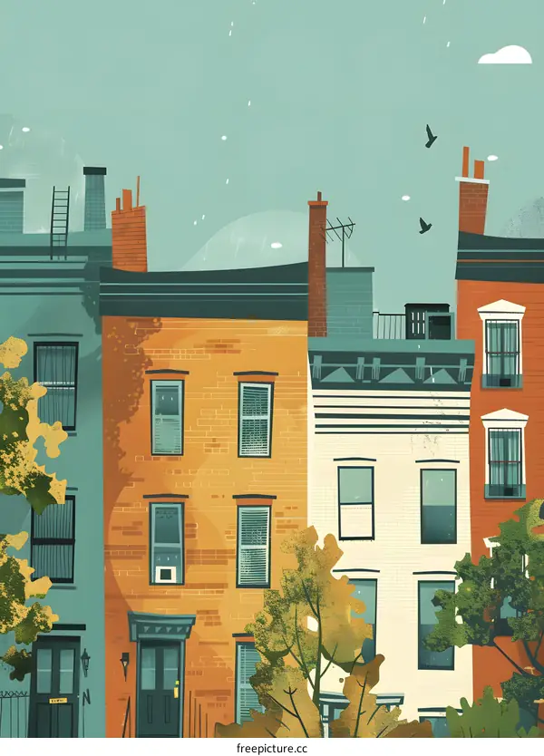 Colorful Illustration of Townhouses with Green Trees