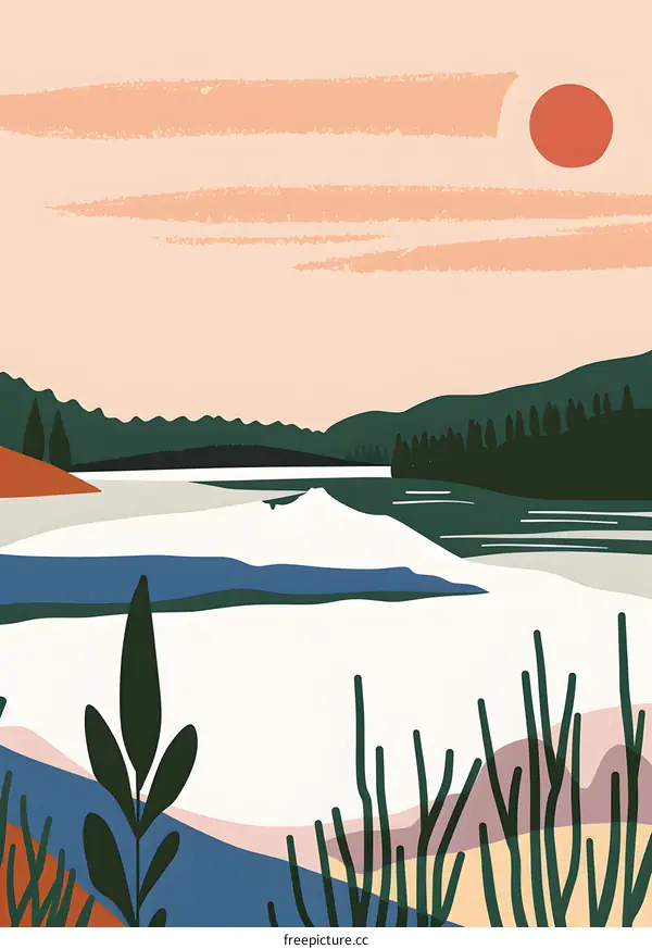 Abstract Landscape With Sunset Sky And Lake