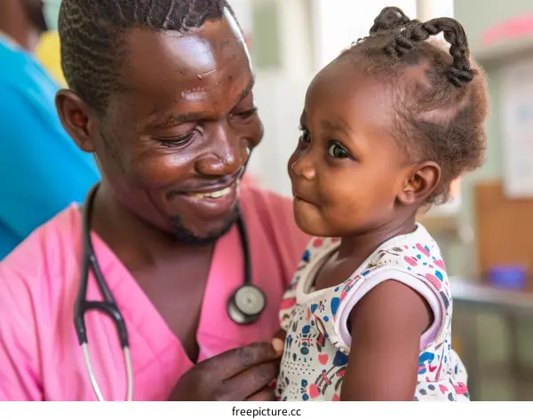 Smiling doctor holding a smiling baby in his arms