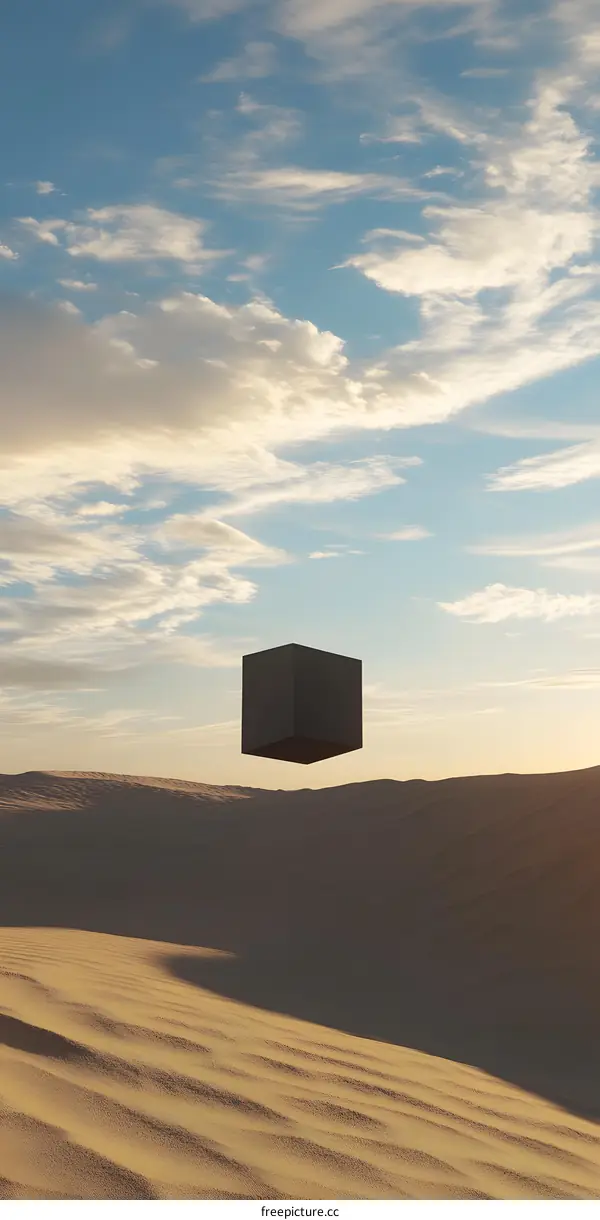 Black Cube Floating Over Desert Sand Dunes