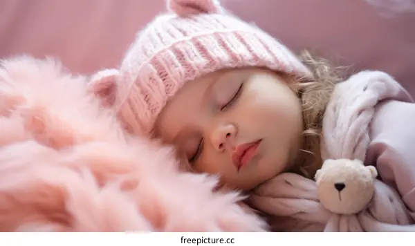 An adorable baby girl sleeping soundly with a pink stuffed animal