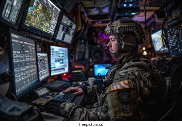 A soldier operates a computer system in a military vehicle