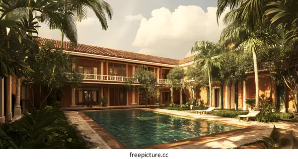 Tropical Courtyard With Palm Trees and Swimming Pool