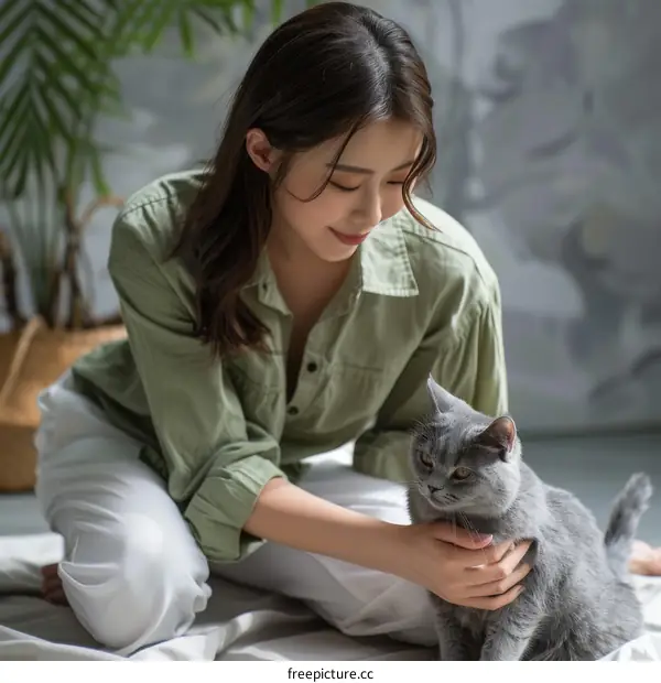 A young woman is petting a gray cat on the floor