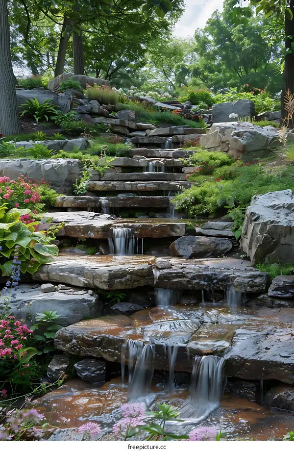 A beautiful rock garden with a waterfall