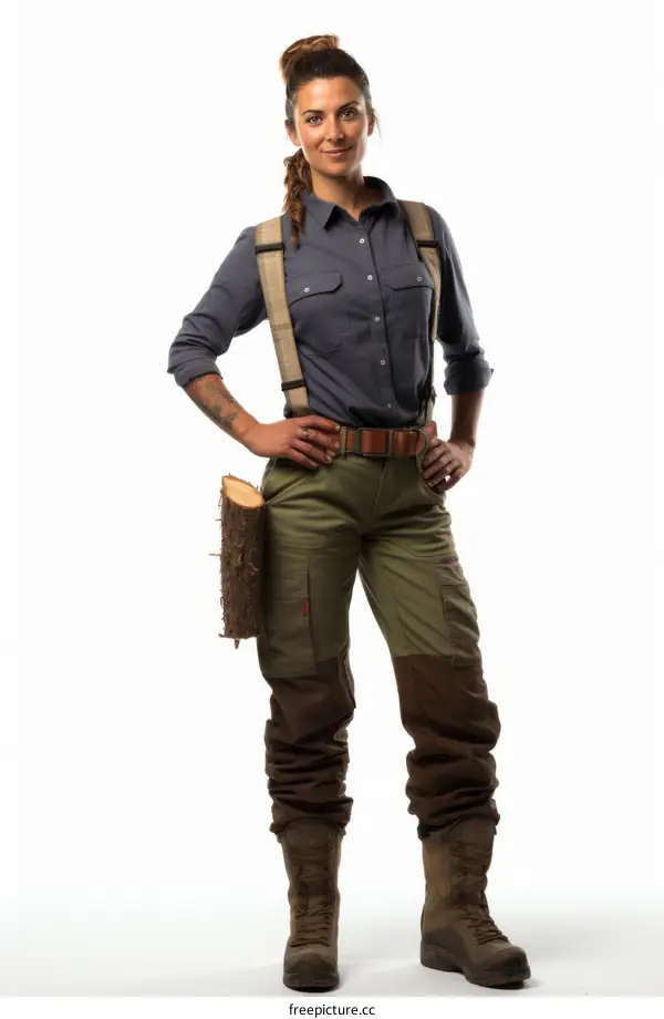 A woman wearing a blue shirt, green pants, and brown boots poses with a log on her hip