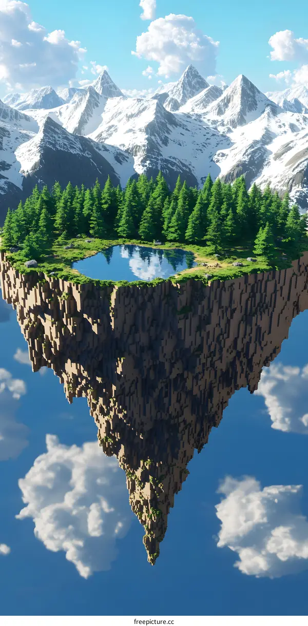 Floating Island With A Lake In The Mountains