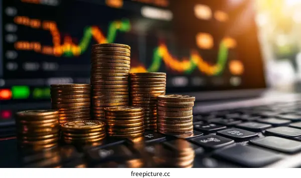 Stacked Coins Representing Financial Growth on a Laptop Keyboard