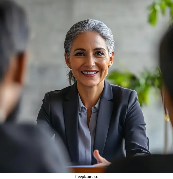 Smiling Businesswoman in Meeting with Colleagues
