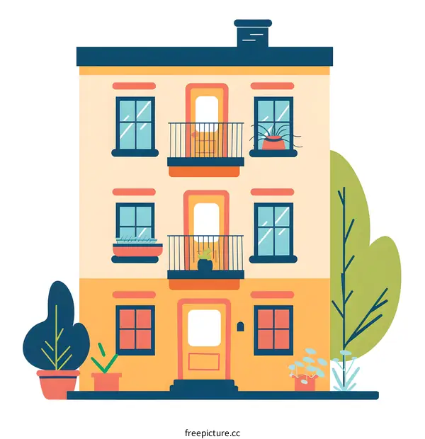 Yellow Building with Three Floors and Balcony