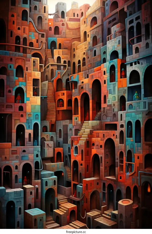 A Colorful and Intricate Cityscape with Buildings and Archways